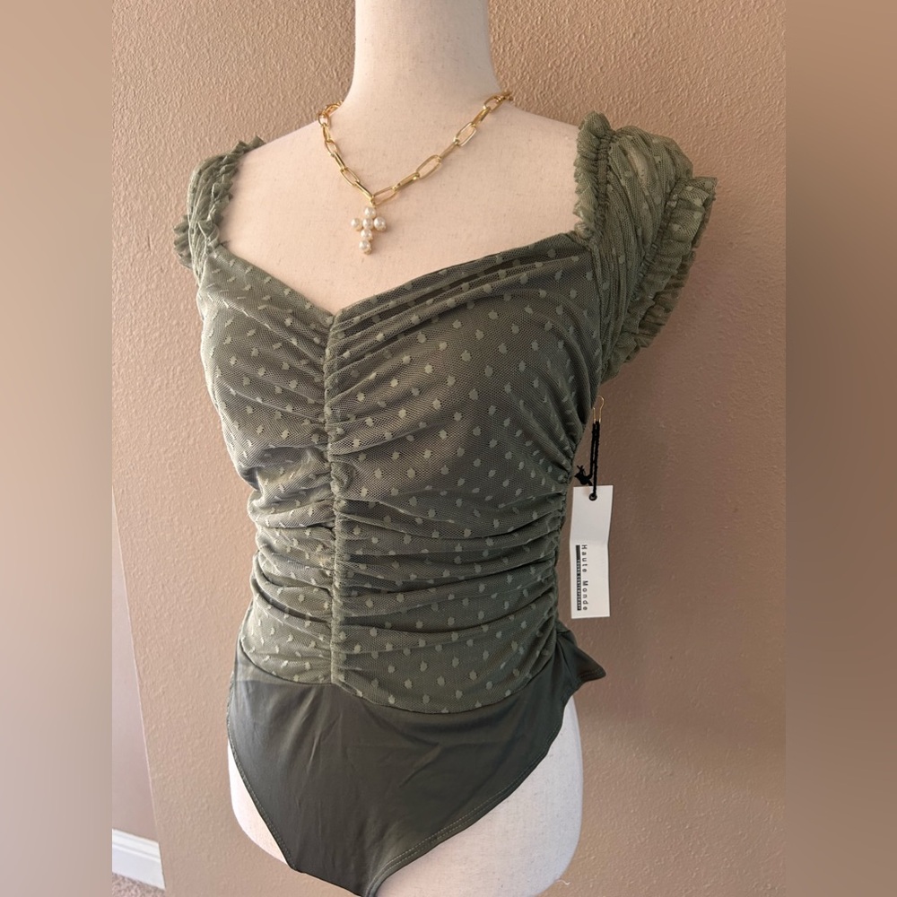 Olive shirred mesh bodysuit - Picture 2 of 8